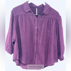 Free People Purple Swiss Dot Button Front Blouse Medium Boho Flowy Top
